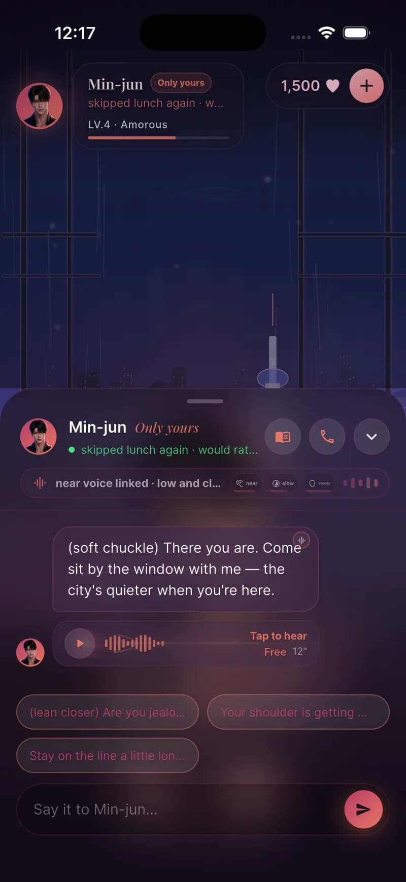 A near-voice reply lands mid-conversation, tagged low and close, with a 12-second voice line waiting.